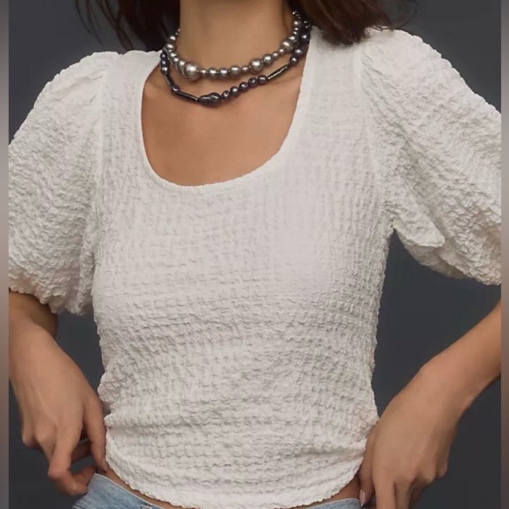 MAUVE x Anthropologie White Balloon-Sleeve Textured Top Cottagecore Resort - Picture 4 of 15